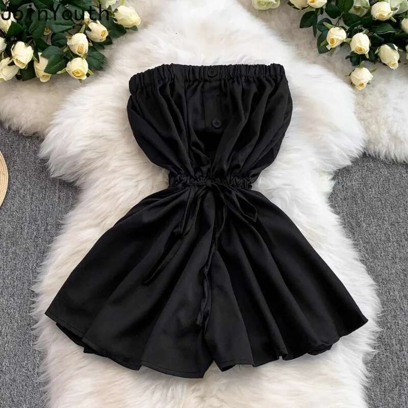 2025 Womens Clothing Summer Jumpsuit Korean Sexy Rompers Solid Color Strapless Jump Suit Slim Waist Wide Leg Shorts Bodysuit