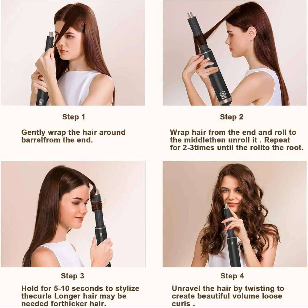 5 In 1 Hot Air Comb Professional Curling Iron Straighten High Speed Hair Dryer Volumizing With Detachable Attachments