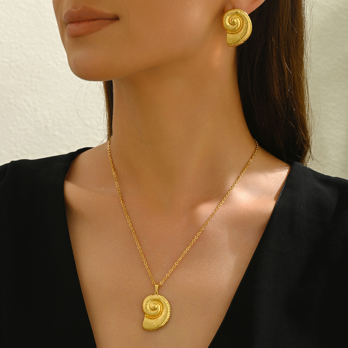 Fashion Ocean Style And Earring Set Personality Conch Metal Design Pendant Long Necklace For Women