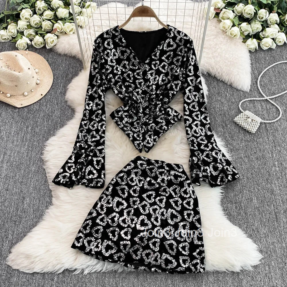 2 Piece Sets Womens Outfits Korean Clothing V-neck Flare Sleeve Irregular Tops Bodycon Mini Skirt Suit Fashion Sequin Sexy Set