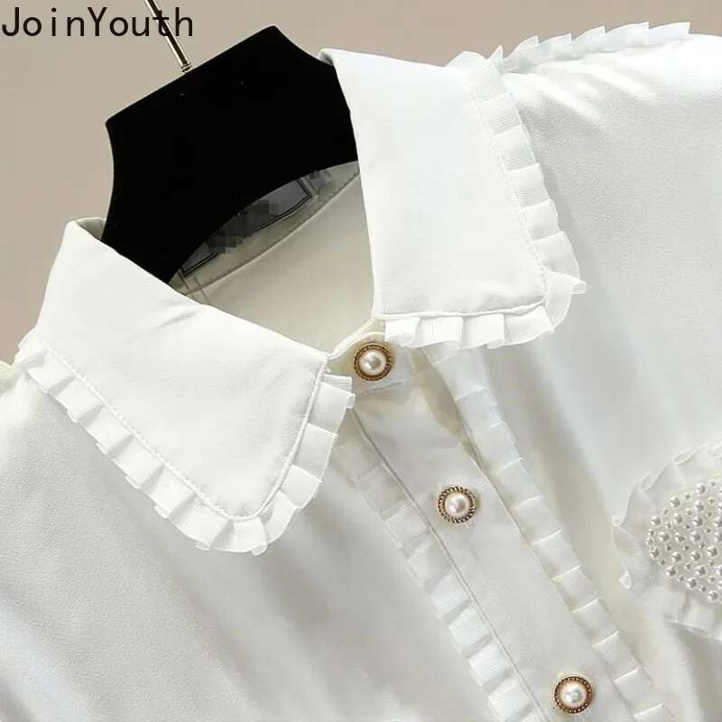 2025 Camisas De Mujer Peter Pan Collar Long Sleeve Blouse Women Clothes Beading Ruffles Shirts Vintage Loose Korean Blouses Tops