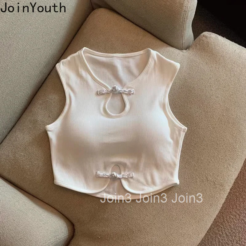 Chinese Style Tshirts Women Stand Neck Sleeveless Sexy T Shirt Crop Tops Hollow Out Tunic Summer Tees Y2k T-shirt Ropa Mujer