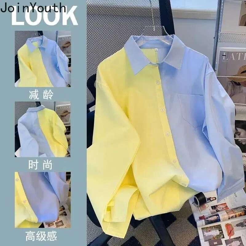 2025 Blusas De Mujer Contrast Color Korean Blouses Long Sleeve Fashion Loose Shirts Preppy Style Casual Vintage Blouse Tops