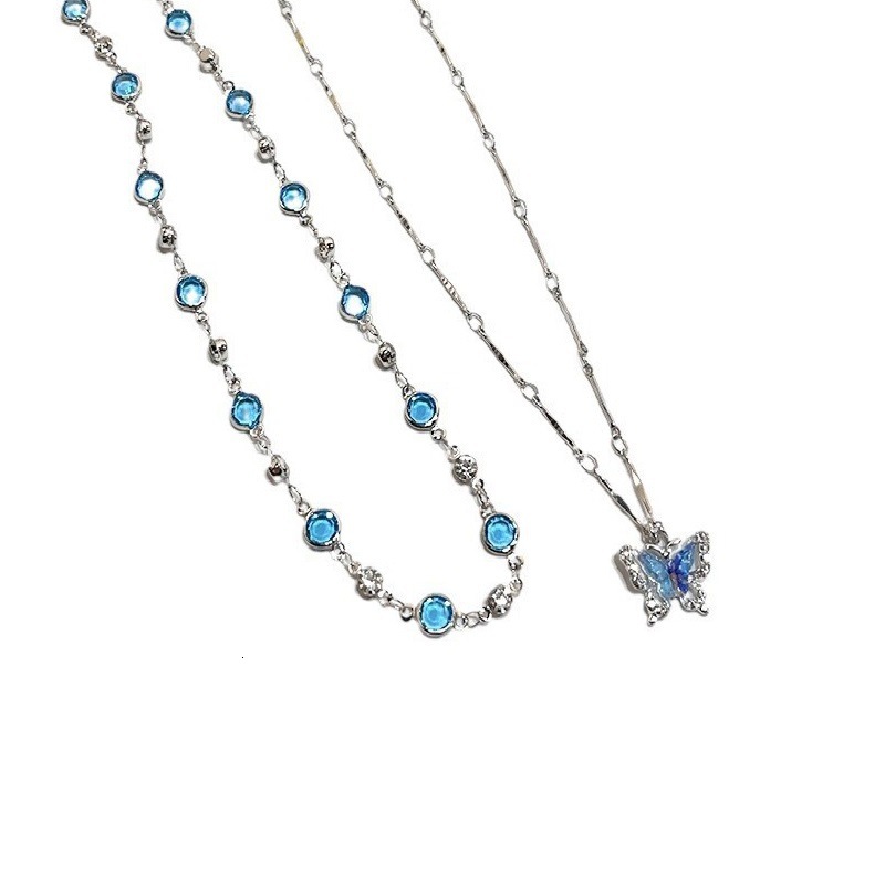 Summer Alloy Blue Double Layer Butterfly Pendant Necklace Jewelry for Women Light Luxury Accessories High-end Layered Clavicle Chain