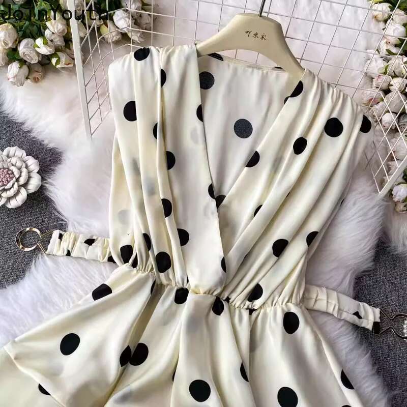 Sleeveless Polka Dot Blouses 2025 Women Clothing V-neck Slim Waist Shirts Folds Ruffles Vintage Blouse Tops Camisas De Mujer