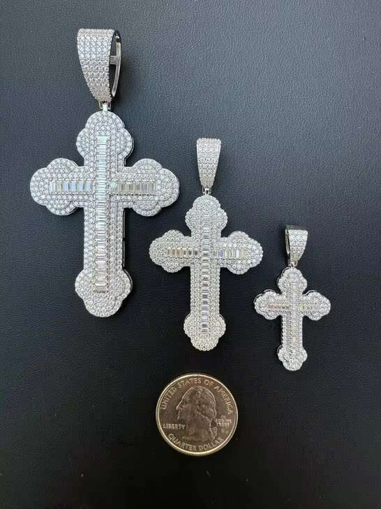 Solid 925 Sterling Silver Gothic Iced Out Cross Pendant Moissanite Baguette Hip Hop Diamond Jewelry Unisex Gift Idea