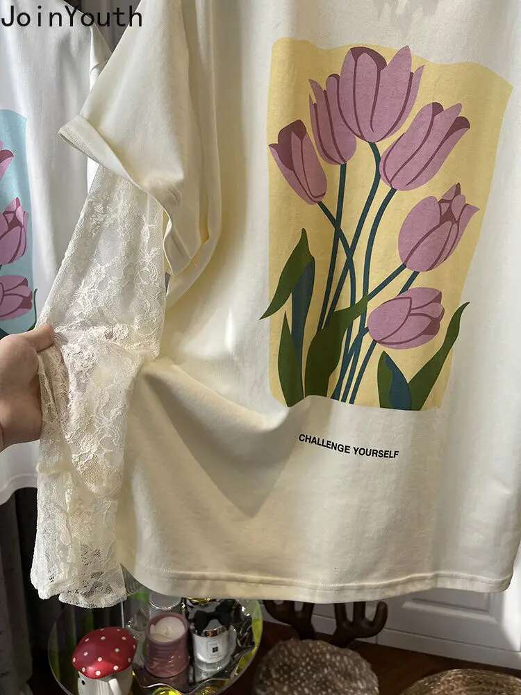 Oversized Woman T Shirts Fake Two Tees Lace Long Sleeve O-neck Floral Camisetas Y2k Tops 2025 Ropa Mujer Chic Casual Y2k Tshirt