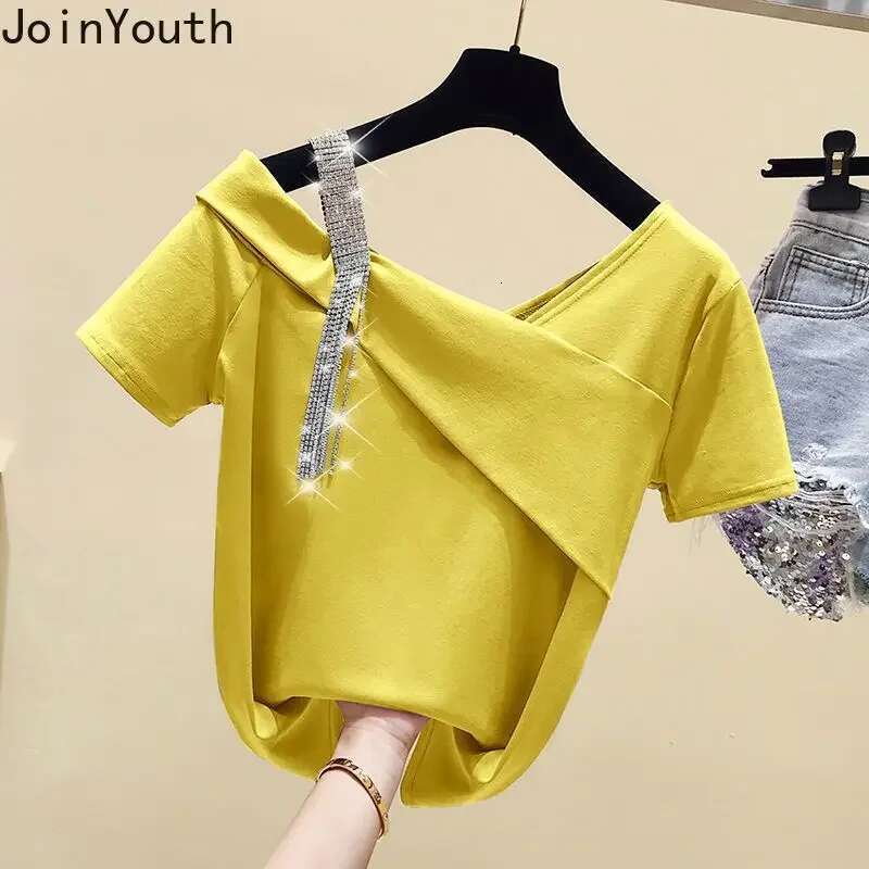 Short Sleeve Woman Tshirts 2025 Ropa Mujer Off Shoulder Diamond Summer Tees Solid Color Casual T Shirt Fashion Y2k T-shirt Tops