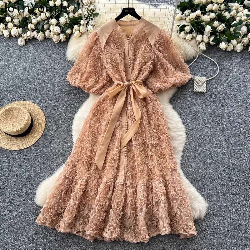 Elegant Woman Dresses Heavy 3D Floral Sweet Chic Robe Femme Slim Waist Single Breasted Bandage Maxi Dress 2025 Vestidos De Mujer