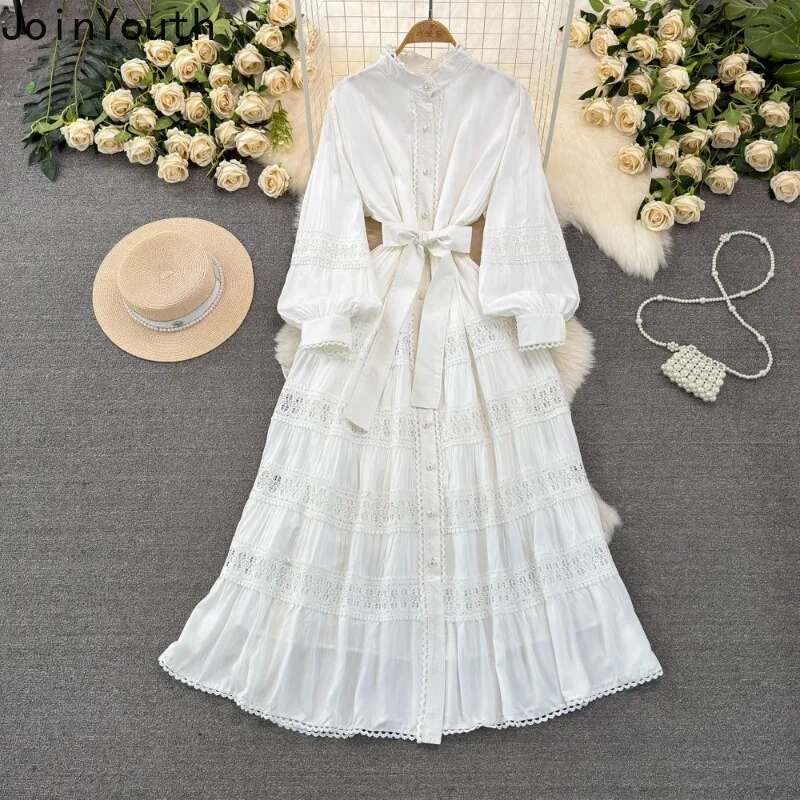 2025 Vestidos De Mujer Elegant Dresses for Women Slim Waist Lantern Sleeve Big Swing Robe Femme Patchwork Lace Maxi Dress 63c585
