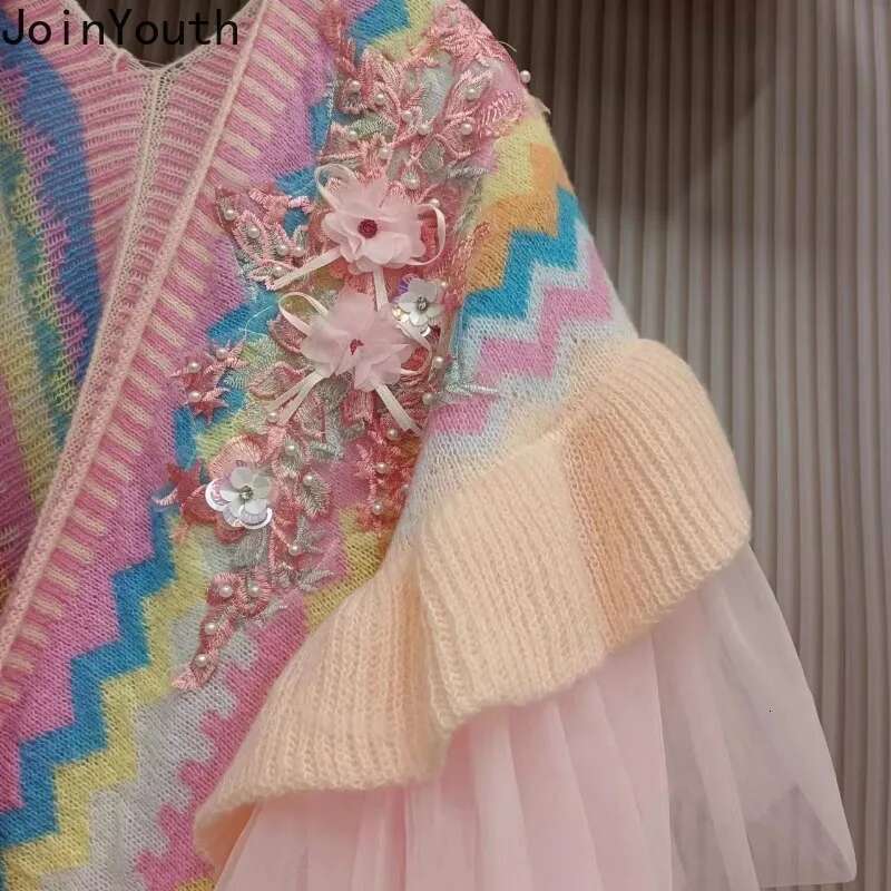 Fashion Embroidered Rainbow Sweater Shawl Fall Winter Clothing Sueter Mujer Beadage Floral Pull Femme Knitted Casual Cardigan