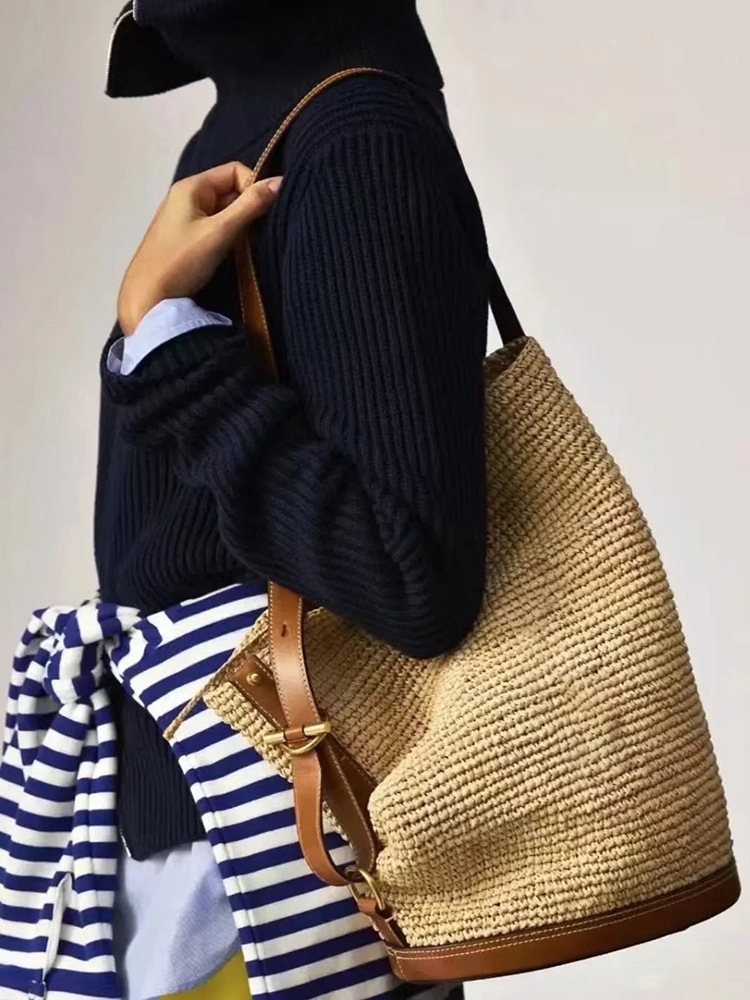 Free shipping designer bag 2025 New Simple Casual Versatile Large Capacity Shoulder Bag Crossbody Woven Bucket Bag Patchwork Straw Bag for Women
