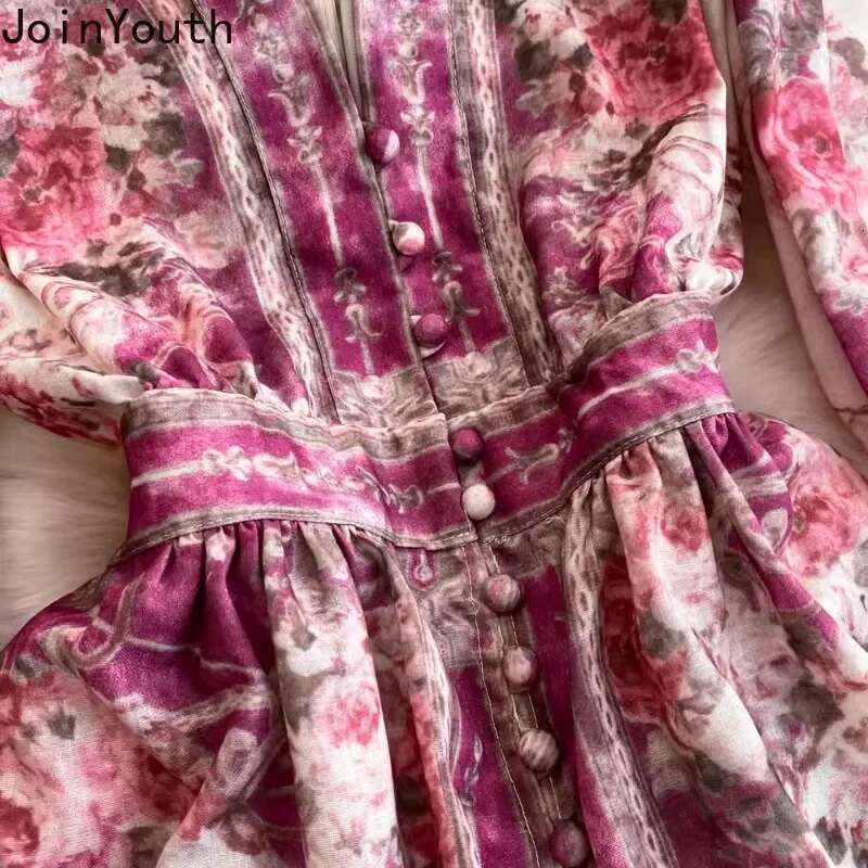 Deep V-neck Floral Dress Women Single Breasted Tunic Temperament Robe Femme 2025 Vestidos De Mujer Vintage Summer Maxi Dresses