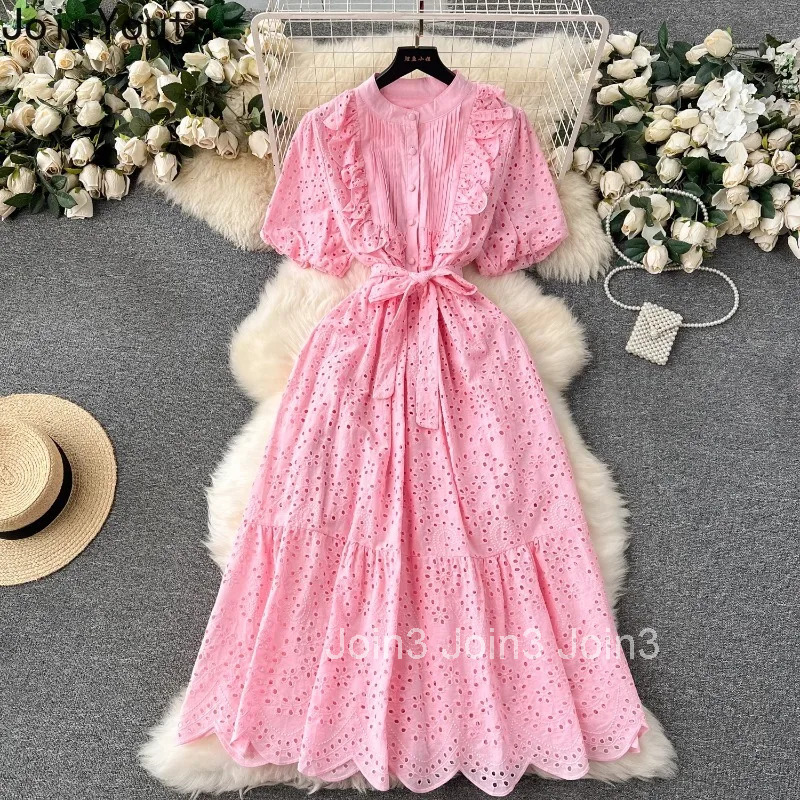 Temperament Robe Femme Vintage Dress Chic Women Clothing 2025 Vestidos De Mujer Puff Sleeve Embroidery Hollow Out Summer Dresses