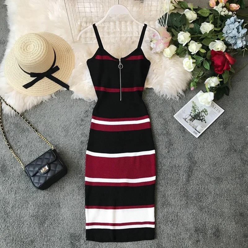 Women Sexy Knitted Dress Woman Dresses Colorblock High Waist ALine VNeck Sleeveless Patchwork Color Stripes Vestidos 250616
