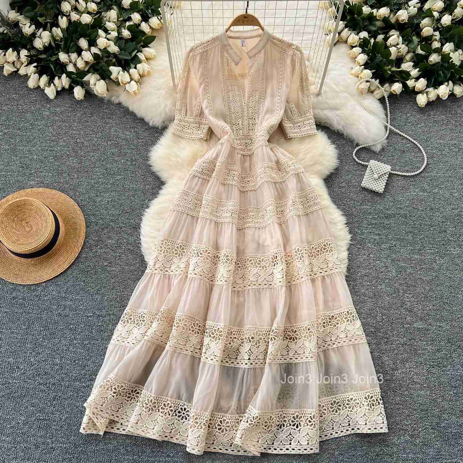 Summer Dresses for Women Slim Waist Short Sleeve Vintage Robe Femme Patchwork Lace Hollow Out Maxi Dress 2025 Vestidos De Mujer