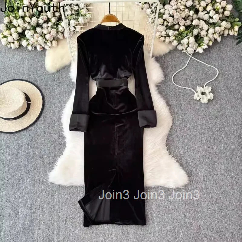 Chic Bodycon Woman Dresses 2025 Vestidos De Mujer V-neck Bandage Bow Slim Fit Robe Femme Vintage Velvet Black Temperament Dress
