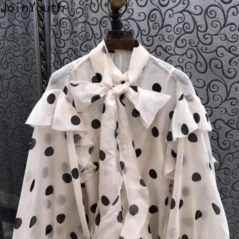 Polka Dot Blouse for Women Bandage Long Sleeve Temperament Tops Chic Oversized Shirts 2025 Blusas Mujer De Moda Vintage Blouses