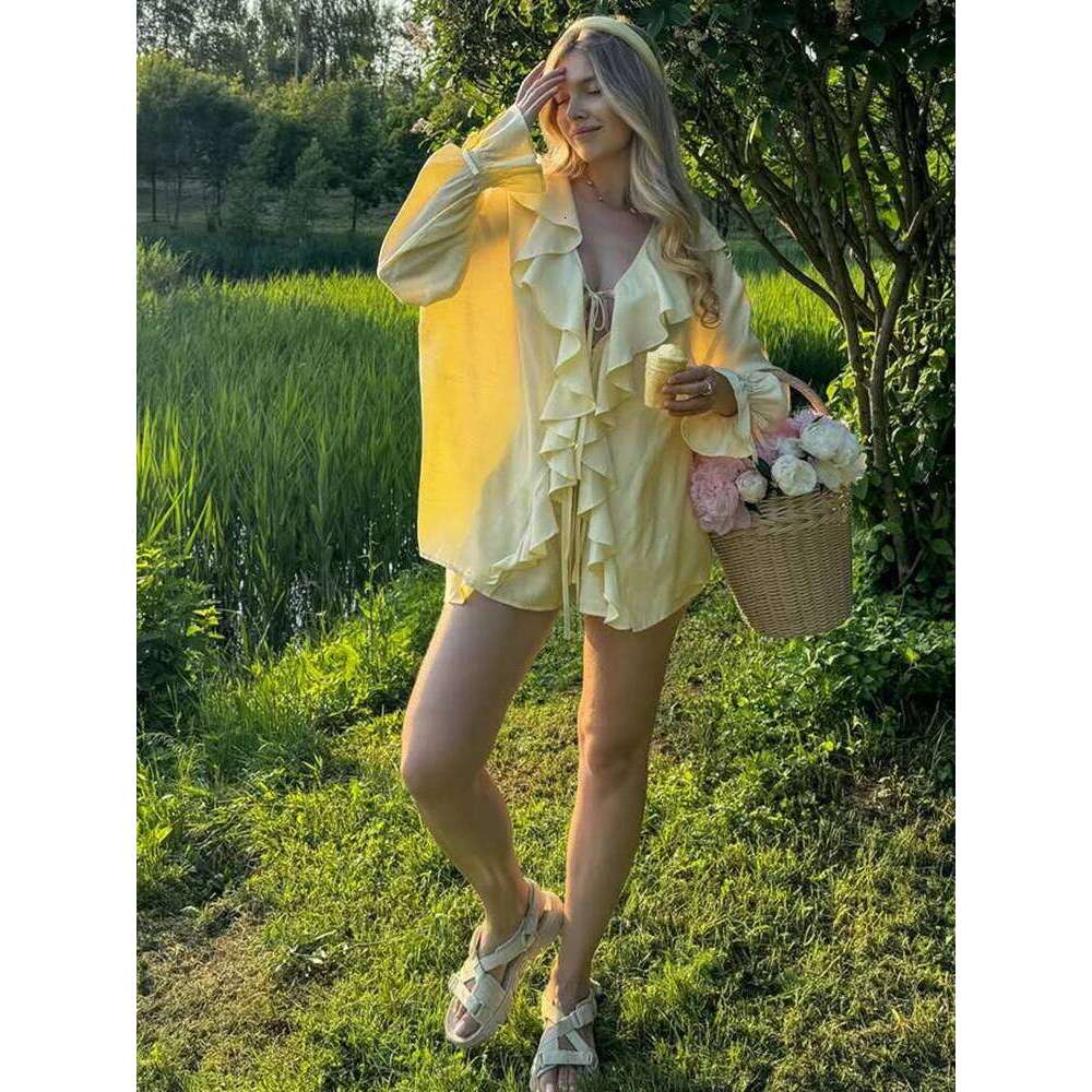 Talenza Women's Two Piece Casual Ruffle Loose Lace-up Top Slim Summer Office Lady Female Shorts Set
