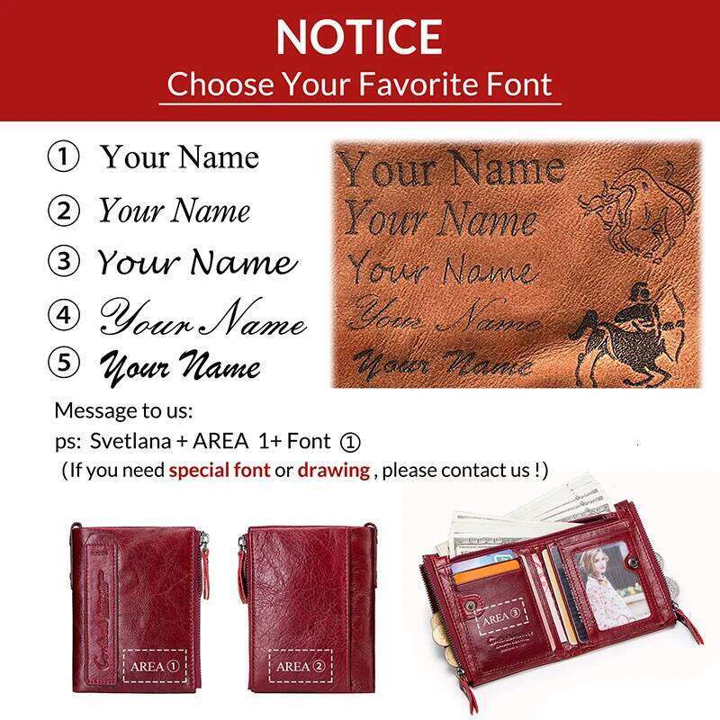 Genuine Leather Wallet Women Brand Double-Zipper Small Coin Purse Female Classic Money Bag ID Card Holder Name Engraving