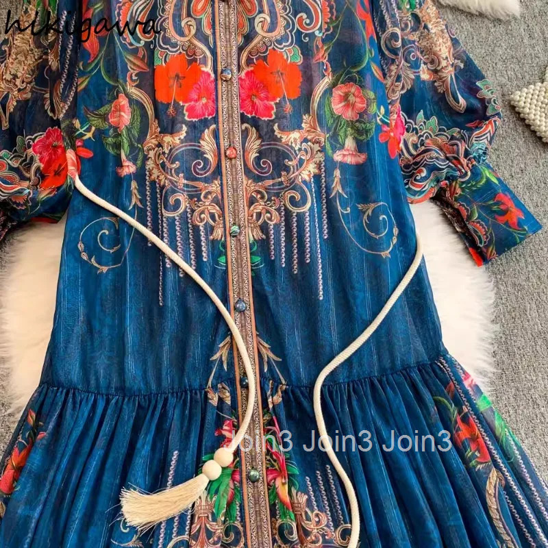 Elegant Pleated Woman Dress Women Clothing Stand Neck Lantern Sleeve Slim Waist Print Robe Femme Big Swing Vintage Maxi Dresses