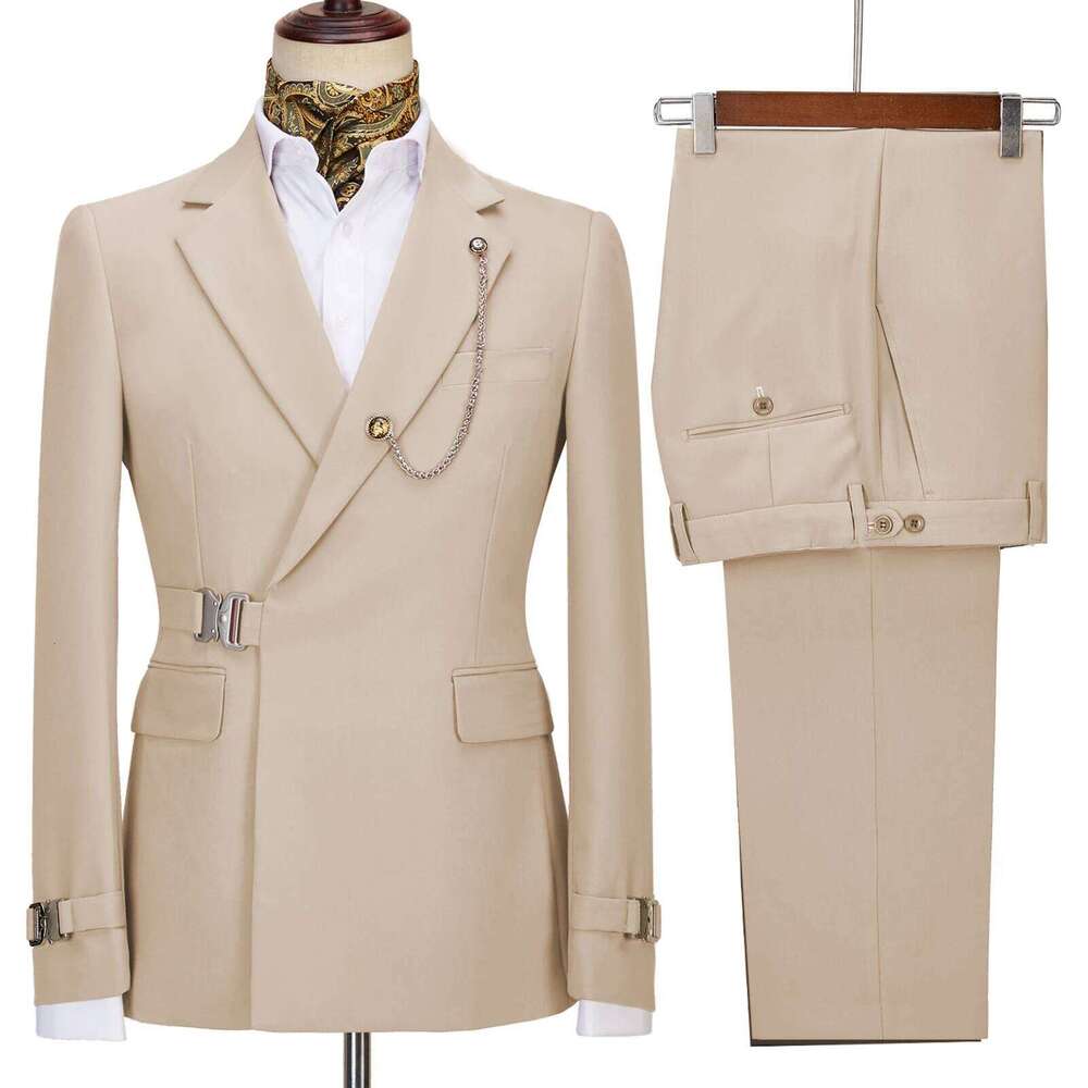 Elegant Men's 2 Pieces Fashion Metal Buckle Jacket Boutique Business Casual Suit Coat Groom Wedding Dress (Blazers+Pants)