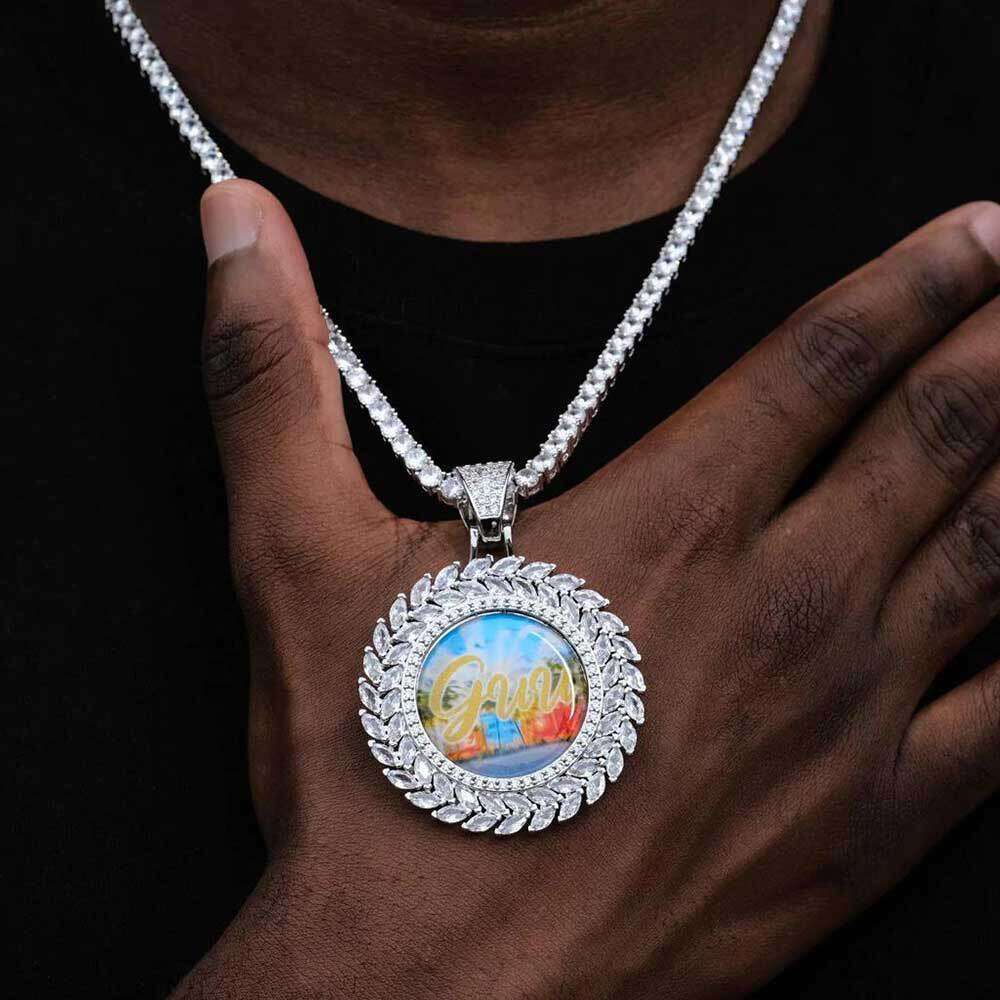 Hip Hop Wheat Spike Round Frame Trendy Brand Personality Copper Inlaid Zircon Commemorative Photo Pendant Necklace 3a6b