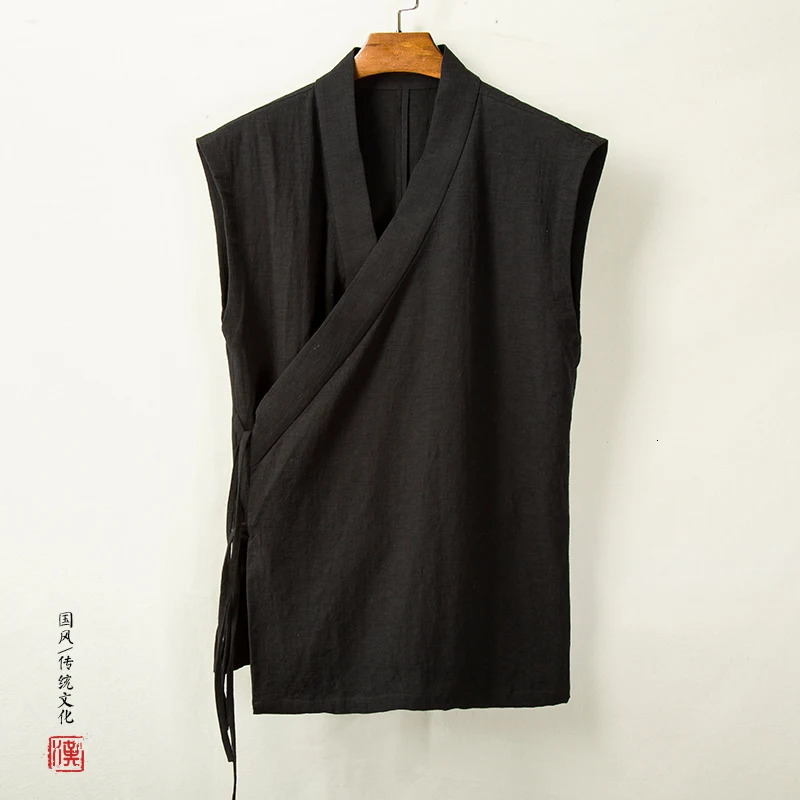 Chinese Traditional Hanfu Vest Men Linen Cotton Sleeveless Slit Top Men Tang Suit Kimono Cardigan Male Open Stitch Shirts 250619