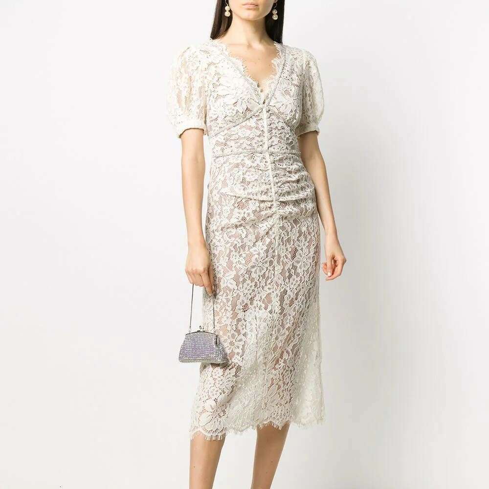 White Skirt Maxi Skirt SP Lace V Neck Puff Sleeve Mid Length Dress Pure Original Factory Women S Clothing Long Skirt