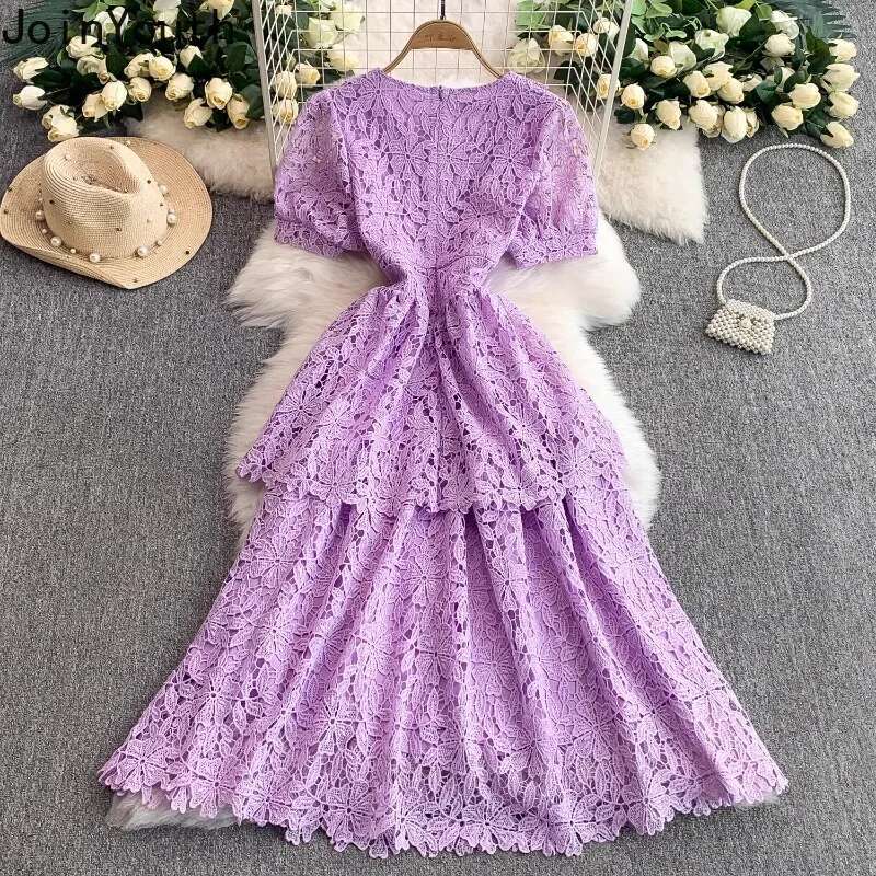 Elegant Dress Women Clothing Lace V-neck Short Sleeve Slim Waist Robe Femme 2025 Vestidos De Mujer A-line Vintage Summer Dresses