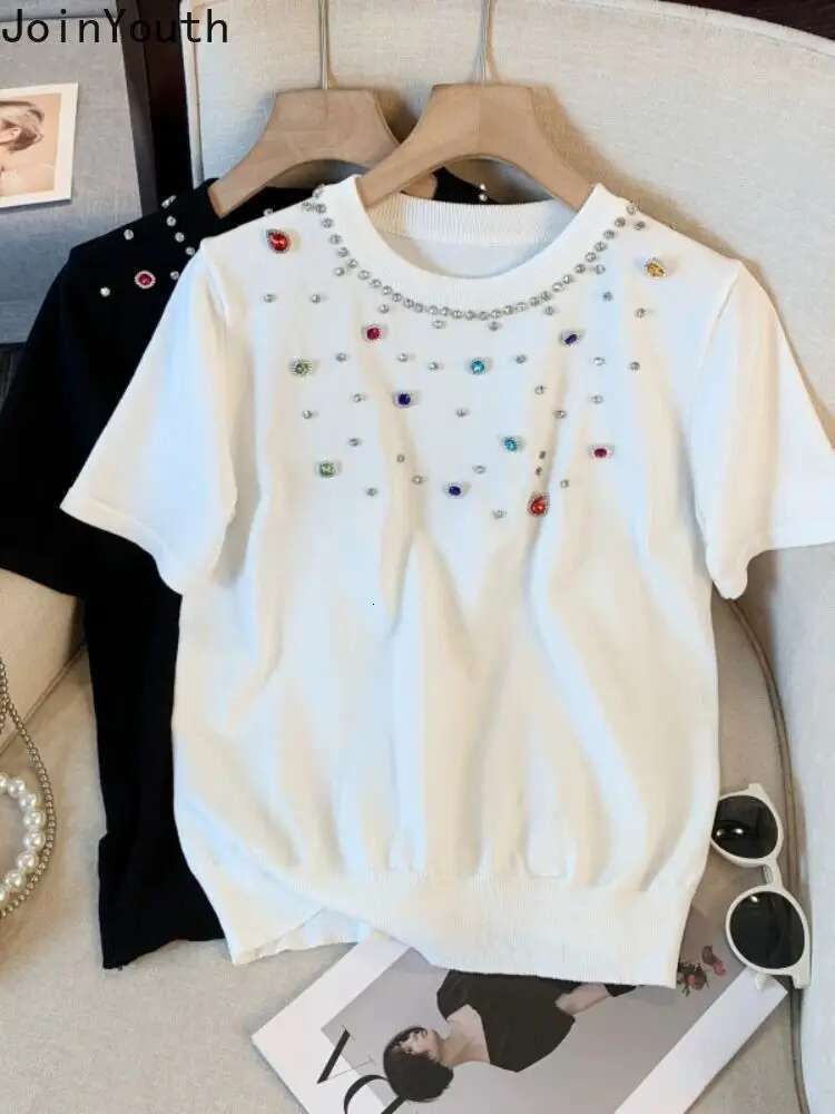 Summer Woman T Shirts Short Sleeve O-neck White Tees Knitted Vintage Tshirt Crop Tops Ropa Mujer Heavy Diamond Fashion T-shirts