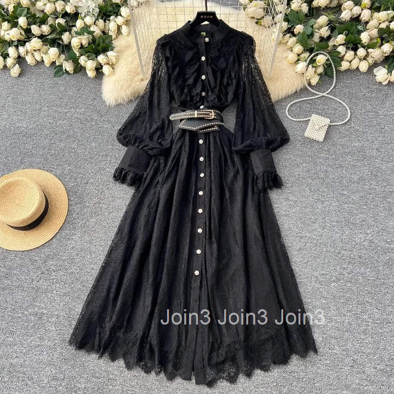 Single Breasted Vintage Woman Dress Slim Waist Robe Femme Patchwork Lace Lantern Sleeve Stand Neck Maxi Dresses Vestido Femme