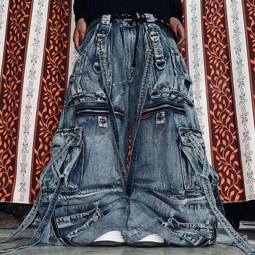 Retro Hip Hop Blue Y2k Cargo Pants with Large Pockets Zipper Baggy Straight Wide Leg Ripped Jeans Gothic Streetwear