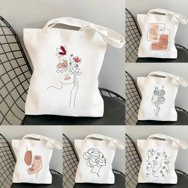 DHGM Abstract Face Print Women Shoulder Canvas Tote Bag Daily Casual Storage Pouch Eco Reusable Handbag Shopping Shopper Bags