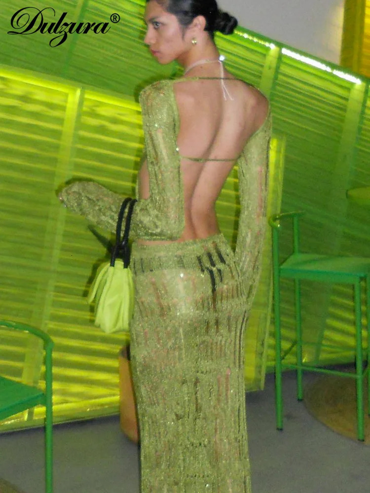Dulzura Knitted Crochet O-Neck Solid Cut Out Backless Long Sleeve Maxi Dress Hook Flower Hollow Summer Women Sexy Y2K 250617