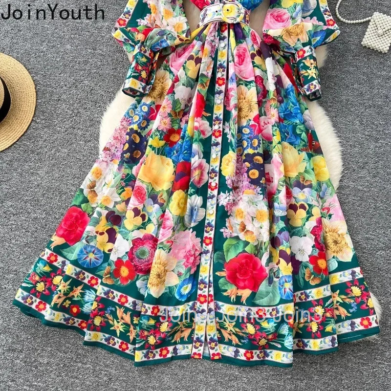 2025 Vestidos De Mujer Maxi Dresses for Women Stand Neck Lantern Sleeve Vintage Robe Femme Single Breasted Floral Summer Dress