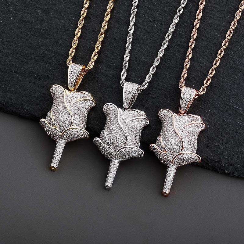 Rose Flower Full Dia Zircon Personality Unisex Trendy Ins Hip-Hop Necklace