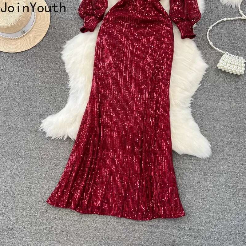2025 Vestidos De Mujer Party Dresses for Womens V-neck Lantern Sleeve Tunic Temperament Robe Femme Sequin Bodycon Maxi Dress
