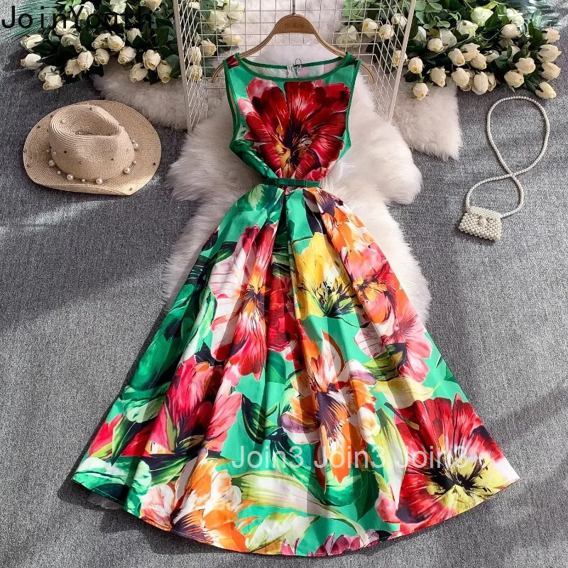 Summer Floral Print Dresses for Women 2025 Vestidos De Mujer Slim Waist Sleeveless Robe Femme O-neck Big Swing Chic Maxi Dress