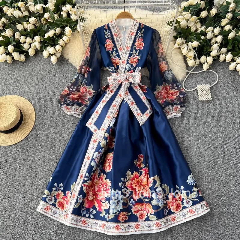 Floral Summer Dress Women Slim Waist Bandage Temperament Robe Femme 2025 Vestidos De Mujer Vintage Elegant Maxi Dresses 27w921