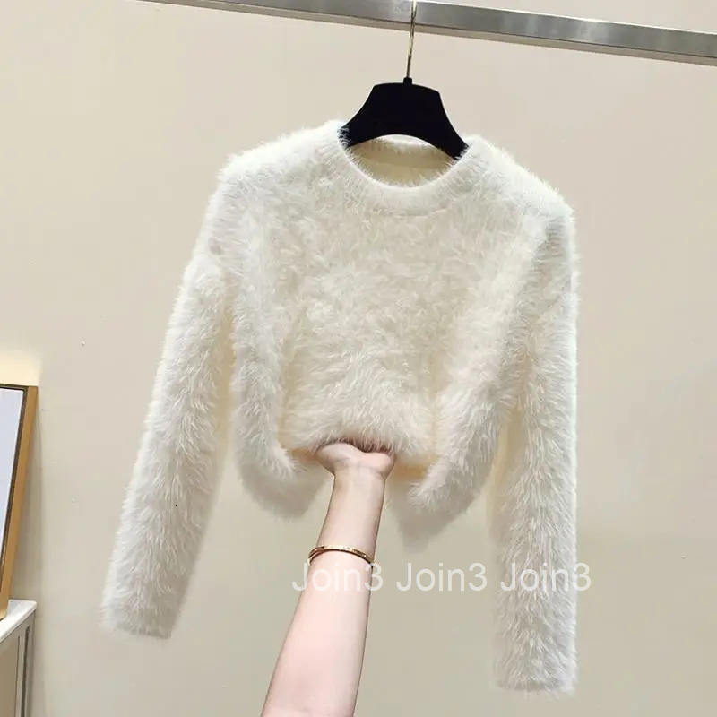 White Cropped Pullovers for Women 2025 Ropa Mujer Long Sleeve O-neck Knitting Sweater Tops Fashion Korean Furry Soft Pull Femme