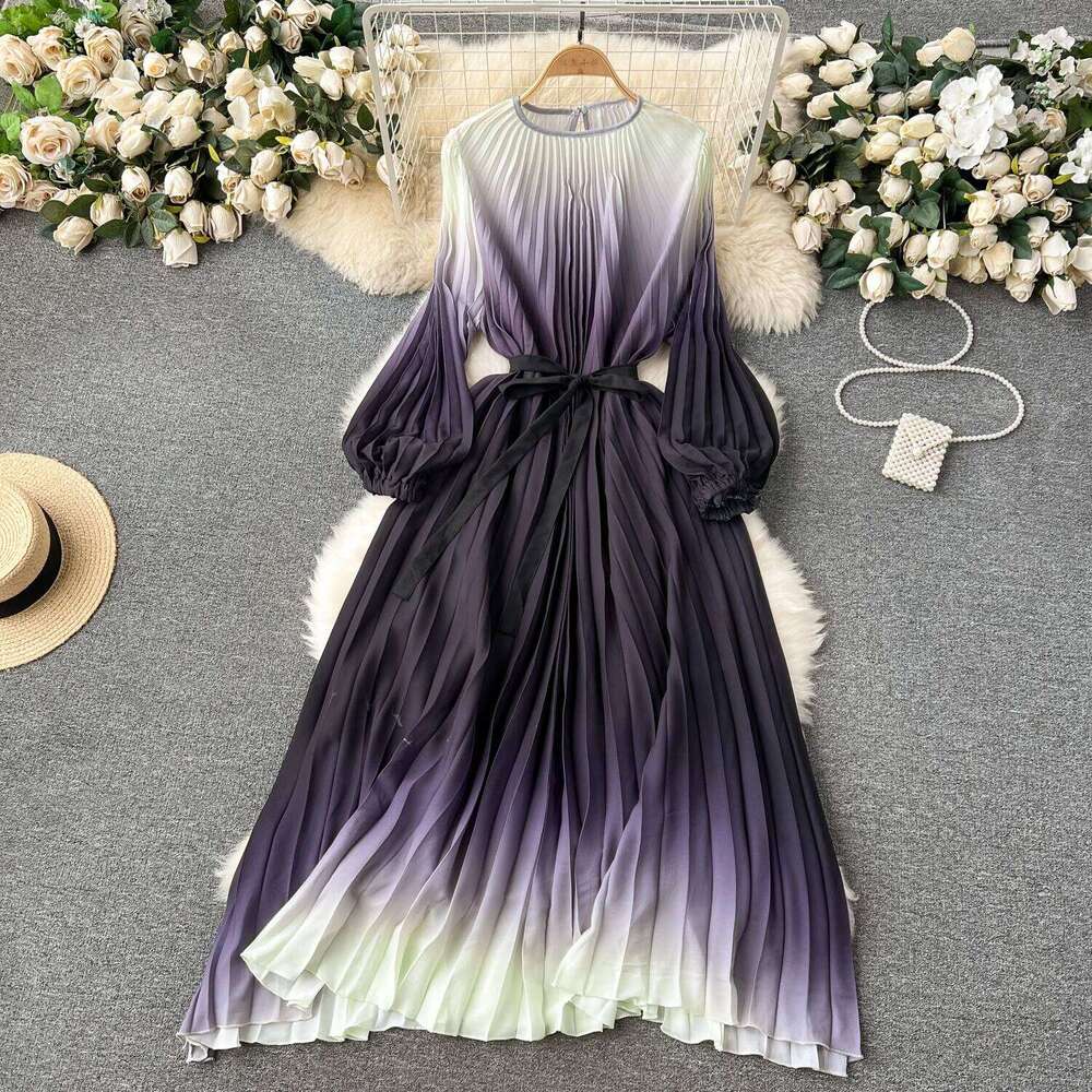 Retro Gradient Plelated Elegant Lace Up Loose A-Line Long Sleeve Casual O-Neck High Waist Dress Women Summer