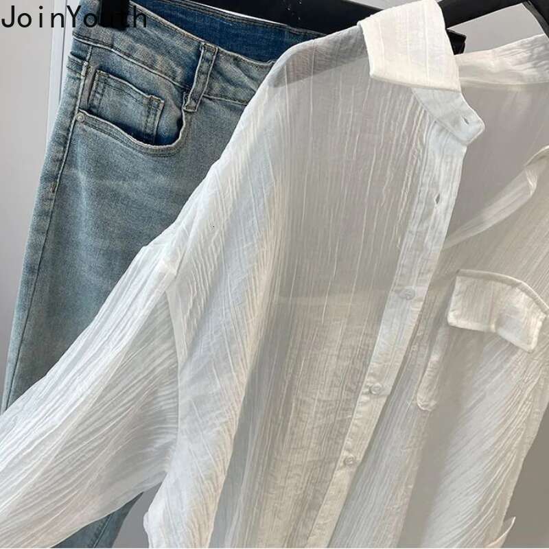 White Blouses for Women Oversized Tops Long Sleeve Korean Fashion Summer Shirts See Through Blouse Blusas Mujer De Moda 2025