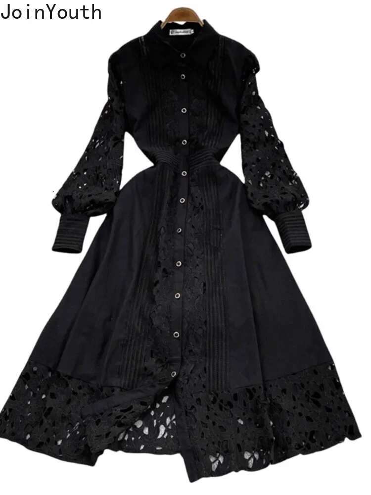 Maxi Dresses for Women Lace Hollow Out Single Breasted A-line Robe Femme Lantern Sleeve Vintage Summer Dress Vestidos De Mujer