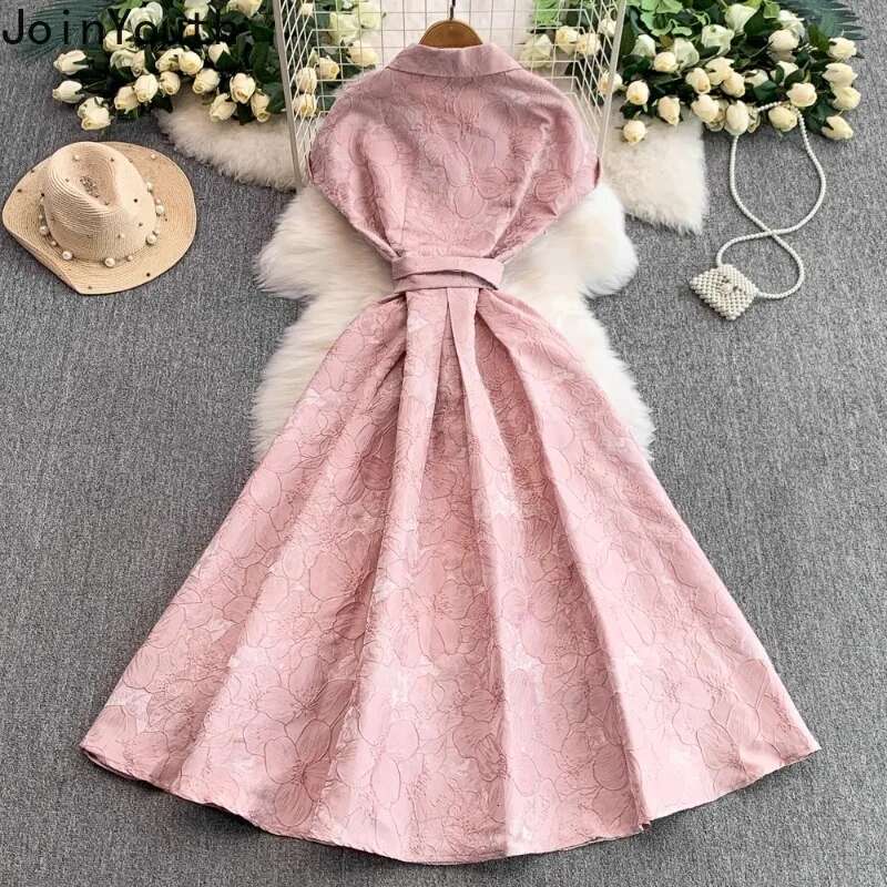 Elegant Woman Dresses 2025 Vestidos De Mujer Slim Waist Bandage Floral Short Sleeve Robe Femme Big Swing Vintage Summer Dress