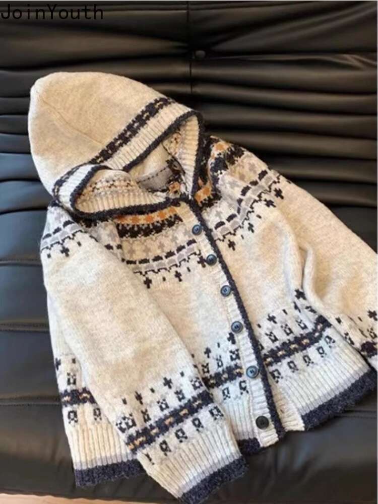 Hooded Vintage Cardigan for Women 2025 Fall Winter Clothing Pull Femme Print Fashion Sueter Mujer Casual Knitted Sweater Jackets
