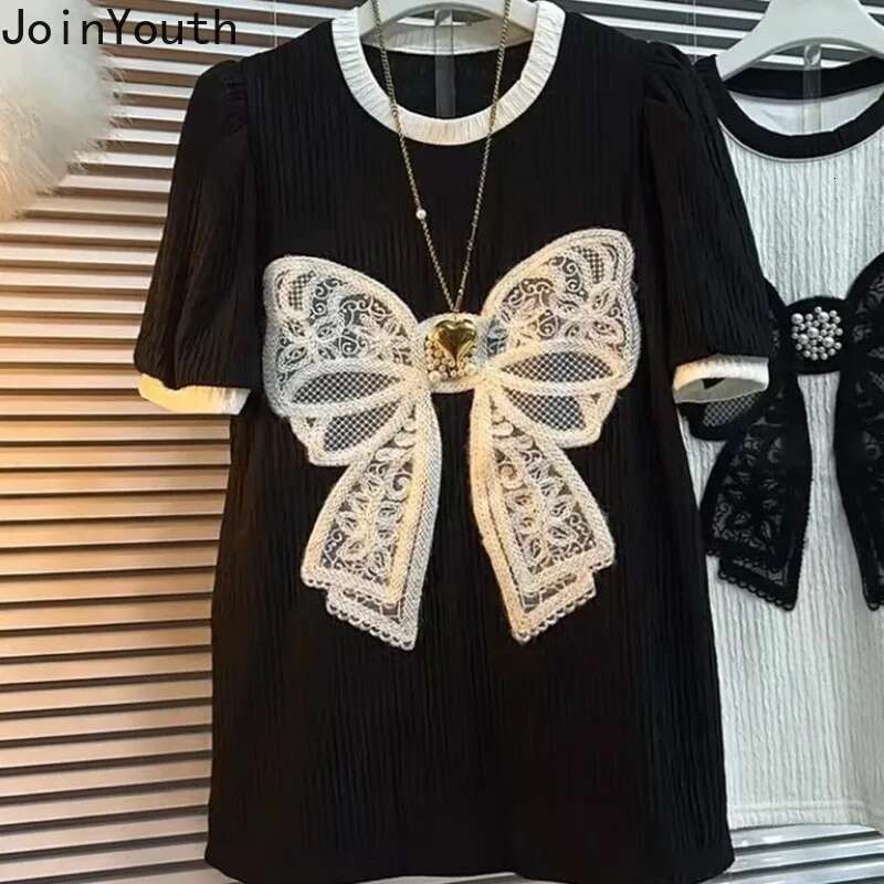 2025 Ropa Mujer Women T Shirts Short Sleeve O-neck Camisetas Fashion Summer Tees Patchwork Lace Sweet Bow Tshirts Oversized Tops