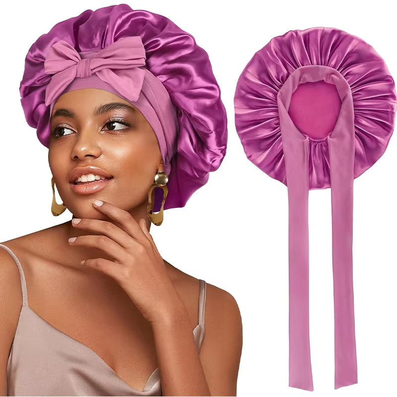 Night Sleep Cap Hair Care Women Satin Bonnet Solid Sleeping Hat Stretchy Tie Band Elastic Night Shower Cap Adjustable Hair Head Cover Bonnet for Women