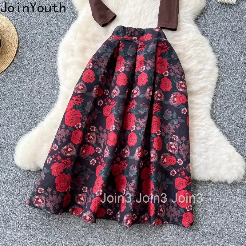 Two Piece Sets for Women High Waist Floral A-line Skirt Long Sleeve Tunic Tops Outfits Roupas Femme Fashion Korean Vintage Suit