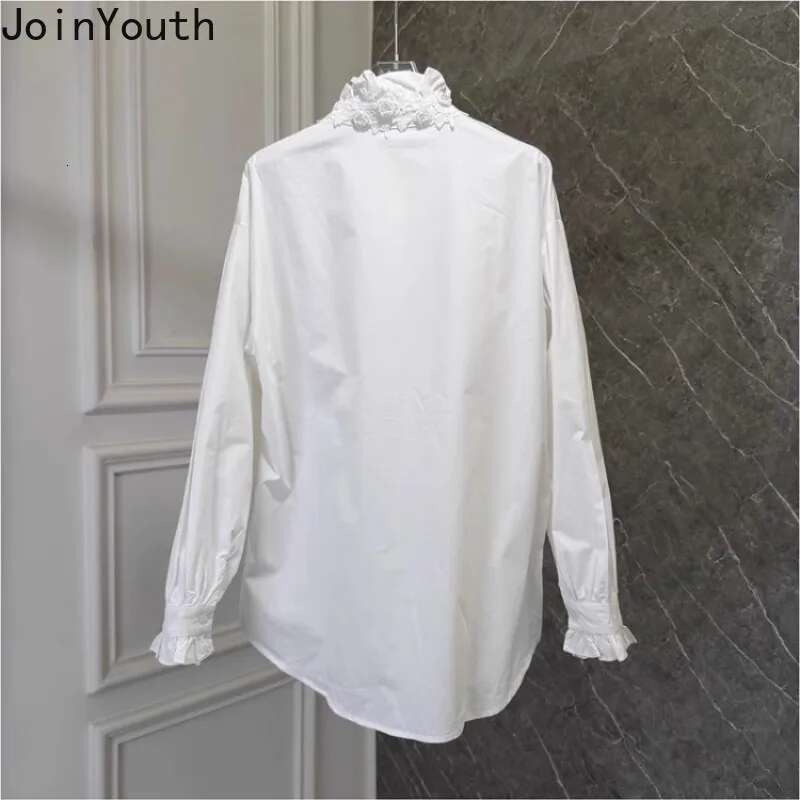 White Blouse Women Clothing Stand Neck Long Sleeve Vintage Shirts 2025 Blusas Mujer De Moda Loose Ruffles Beading Floral Tops